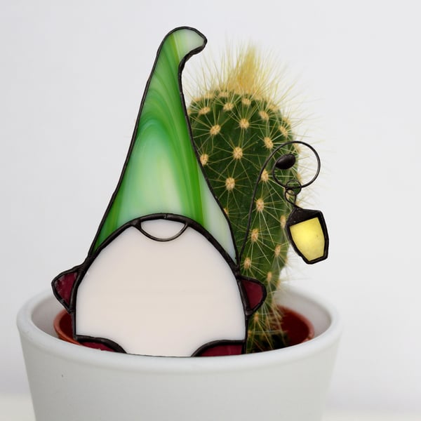 Pot Plant Gnome Stained Glass with hanging lantern