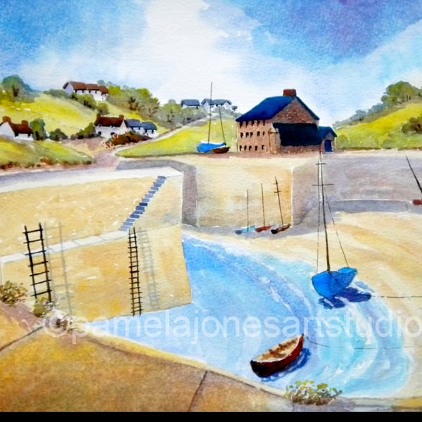 Porthgain Harbour, Pembrokeshire, Wales, Watercolour Print in 20 x 16 '' mount