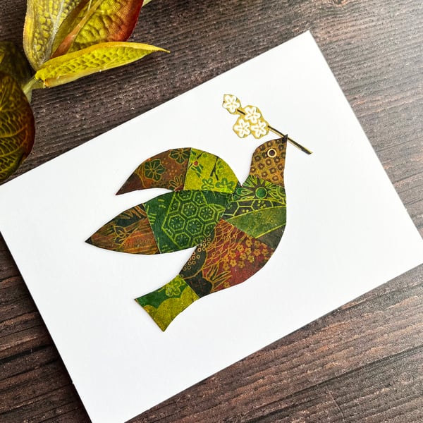 Handmade card, dove, paper collage, symbol of peace,