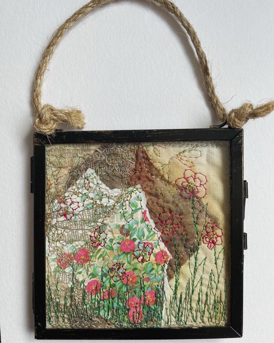 Mixed media textile art red floral framed piece