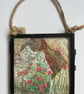 Mixed media textile art red floral framed piece
