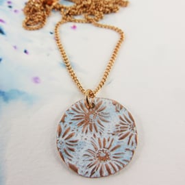 Enamel Pendant Handmade with Daisy Textured Stamped Copper