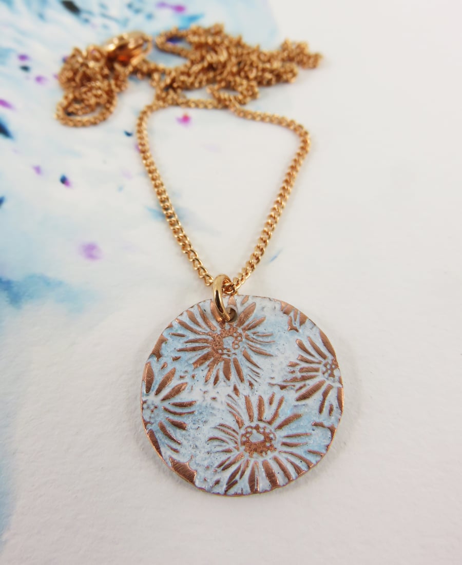 Enamel Pendant Handmade with Daisy Textured Stamped Copper