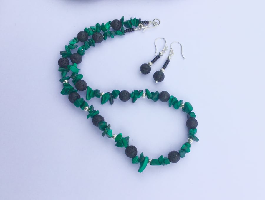 Green Malachite and Lava Rock Necklace and Earrings with Sterling Silver