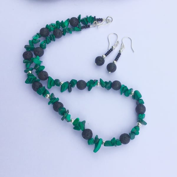 Green Malachite and Lava Rock Necklace and Earrings with Sterling Silver