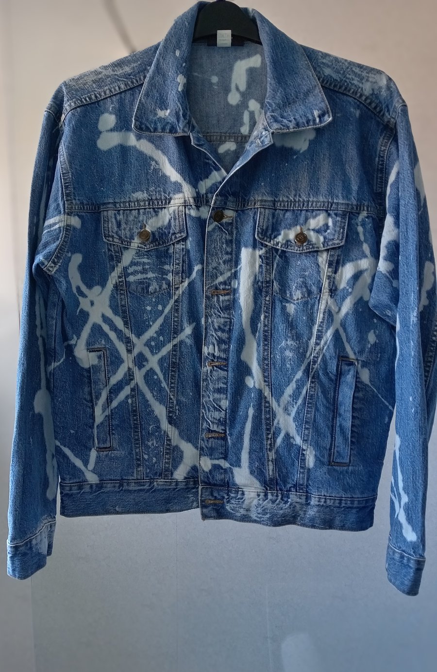 Upcycled light Blue Bleach Distressed Mens Denim Jacket size M