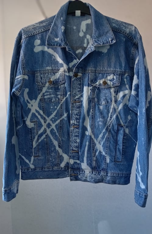 Upcycled light Blue Bleach Distressed Mens Denim Jacket size M