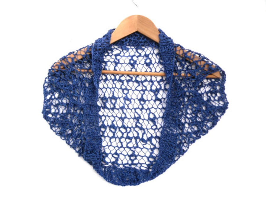 Cap Sleeve Cotton Bolero hand knit in Blue 