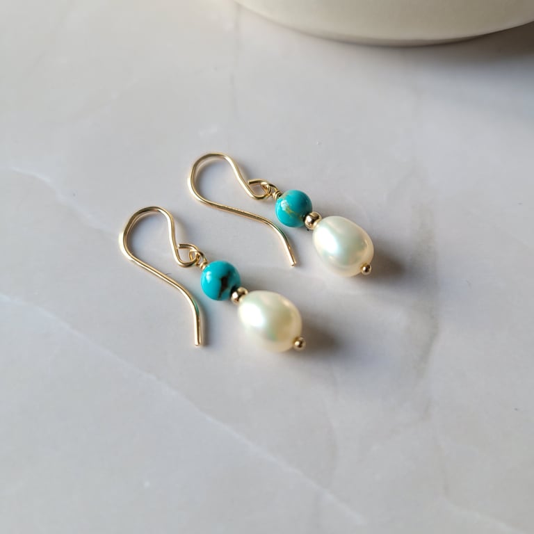 Pearl Earrings with Turquoise, 14kt Gold Filled Dangle Earrings