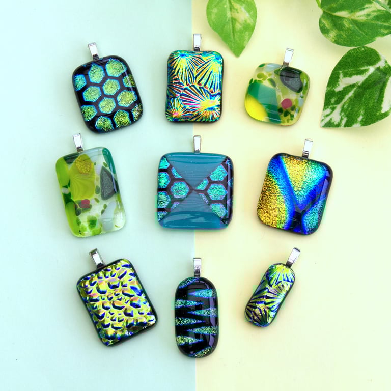 Bright Green Sparkly Dichroic Fused Glass Pendants Mother's Day Gift