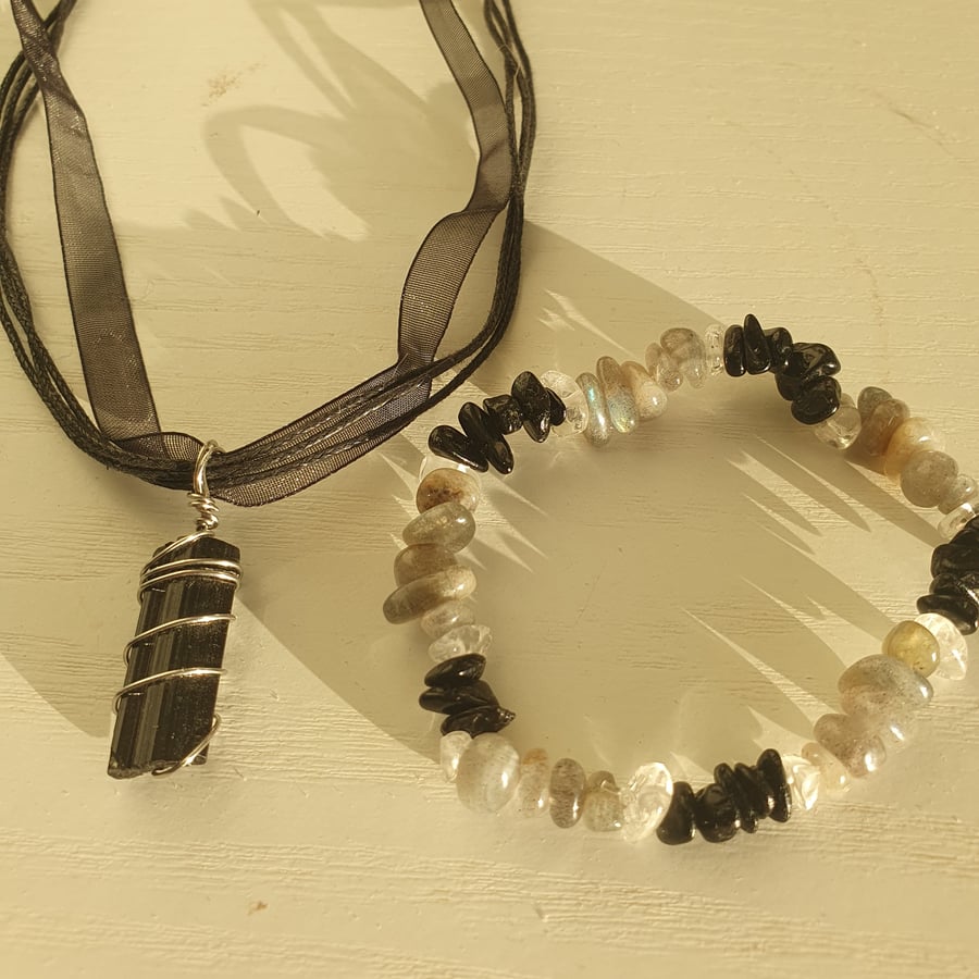 Black Tourmaline Pendant with Black Tourmaline and Labradorite bracelet