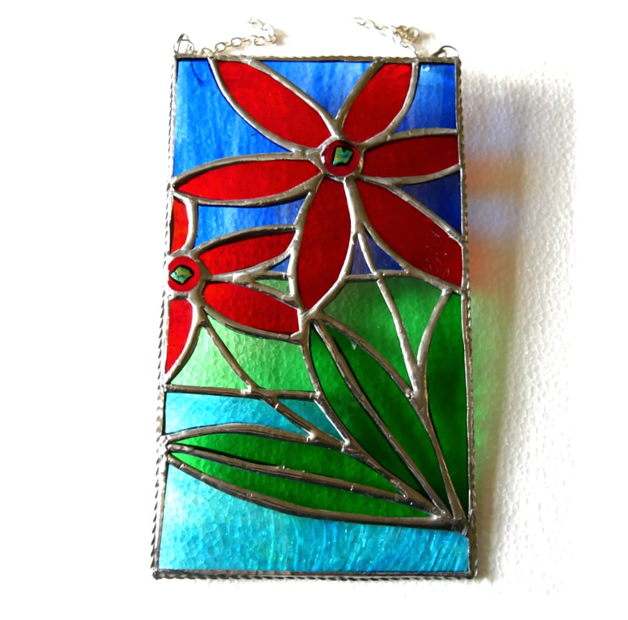 Red Flower Panel Stained Glass Art Suncatcher Picture Handmade Floral