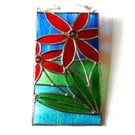 Red Flower Stained Glass Art Suncatcher Panel Handmade Floral