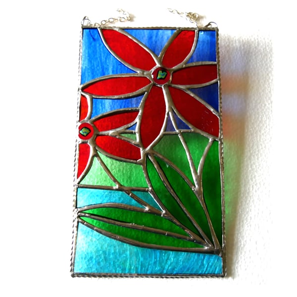 Red Flower Panel Stained Glass Art Suncatcher Picture Handmade Floral