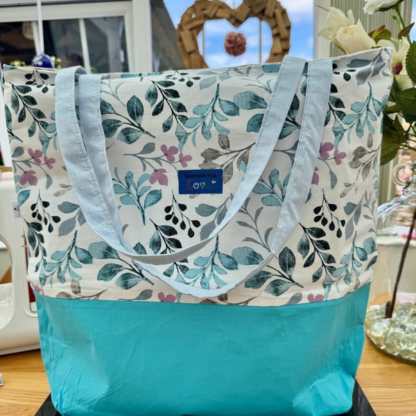 Big turquoise floral beach tote summer bag