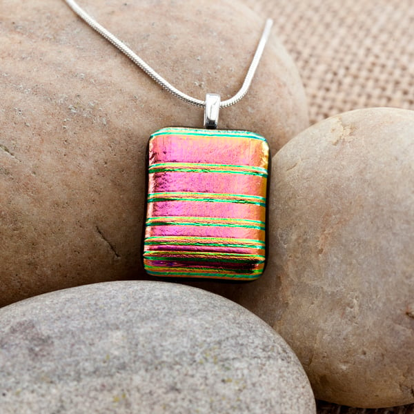 Brightly Coloured Pink and Rainbow Dichroic Fused Glass Pendant