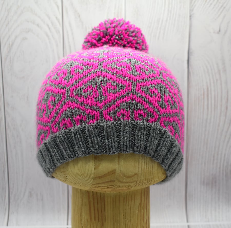 Hand Knitted Pink & Grey Bobble Hat – Fleur de Lis Design – Extra Small Adult