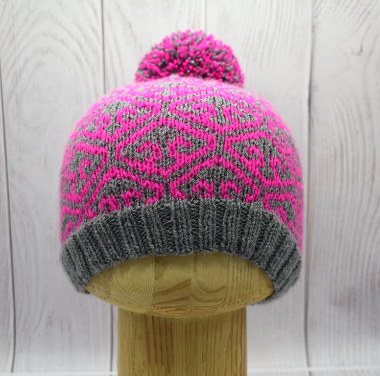 Hand Knitted Pink & Grey Bobble Hat – Fleur de Lis Design – Extra Small Adult