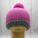 Hand Knitted Pink & Grey Bobble Hat – Fleur de Lis Design – Extra Small Adult