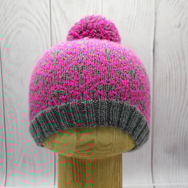 Hand Knitted Pink & Grey Bobble Hat – Fleur de Lis Design – Extra Small Adult