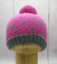 Hand Knitted Pink & Grey Bobble Hat – Fleur de Lis Design – Extra Small Adult - Image 1