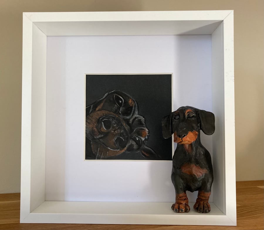 Animal ceramic sculpture and pastel sketch -  Framed Miniature 