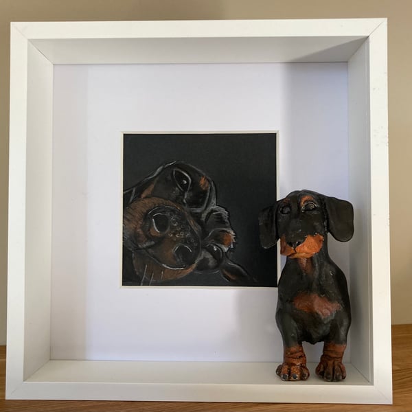Animal ceramic sculpture and pastel sketch -  Framed Miniature 