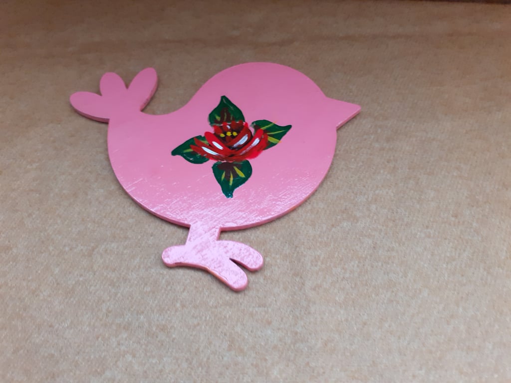 Wooden bird shaped fridge magnet with canal art style rose