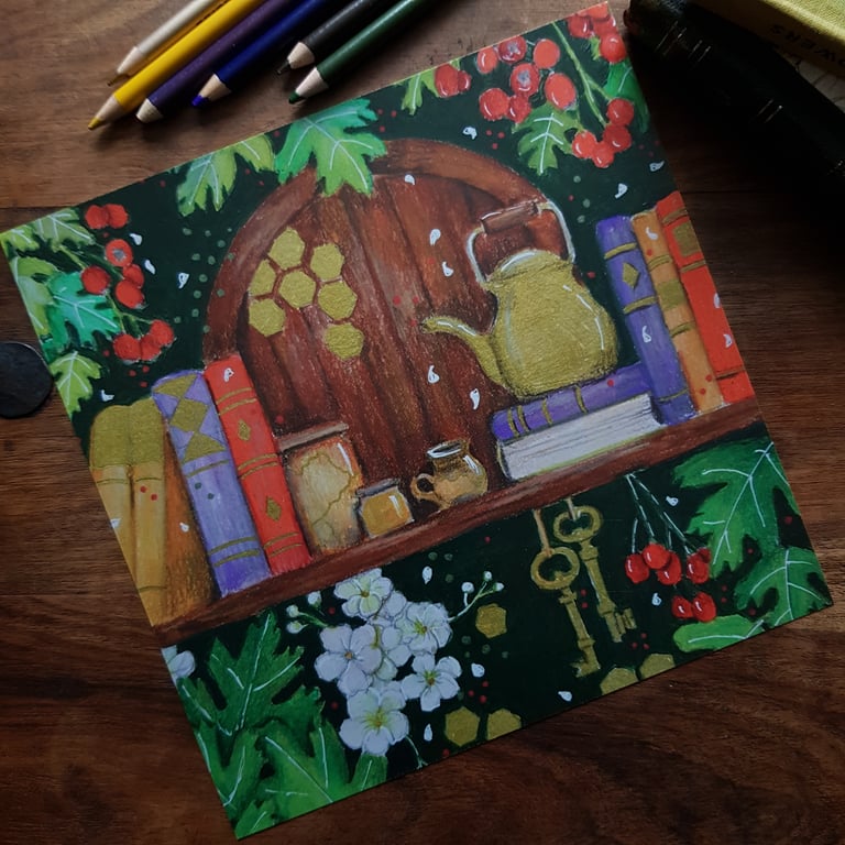 Hawthorn, books and a fairy door - art print