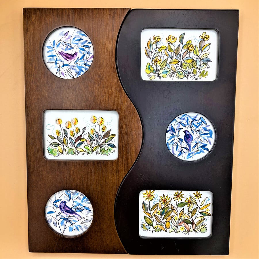 Birds and Flowers framed original painting  - 6 floral watercolour miniatures.