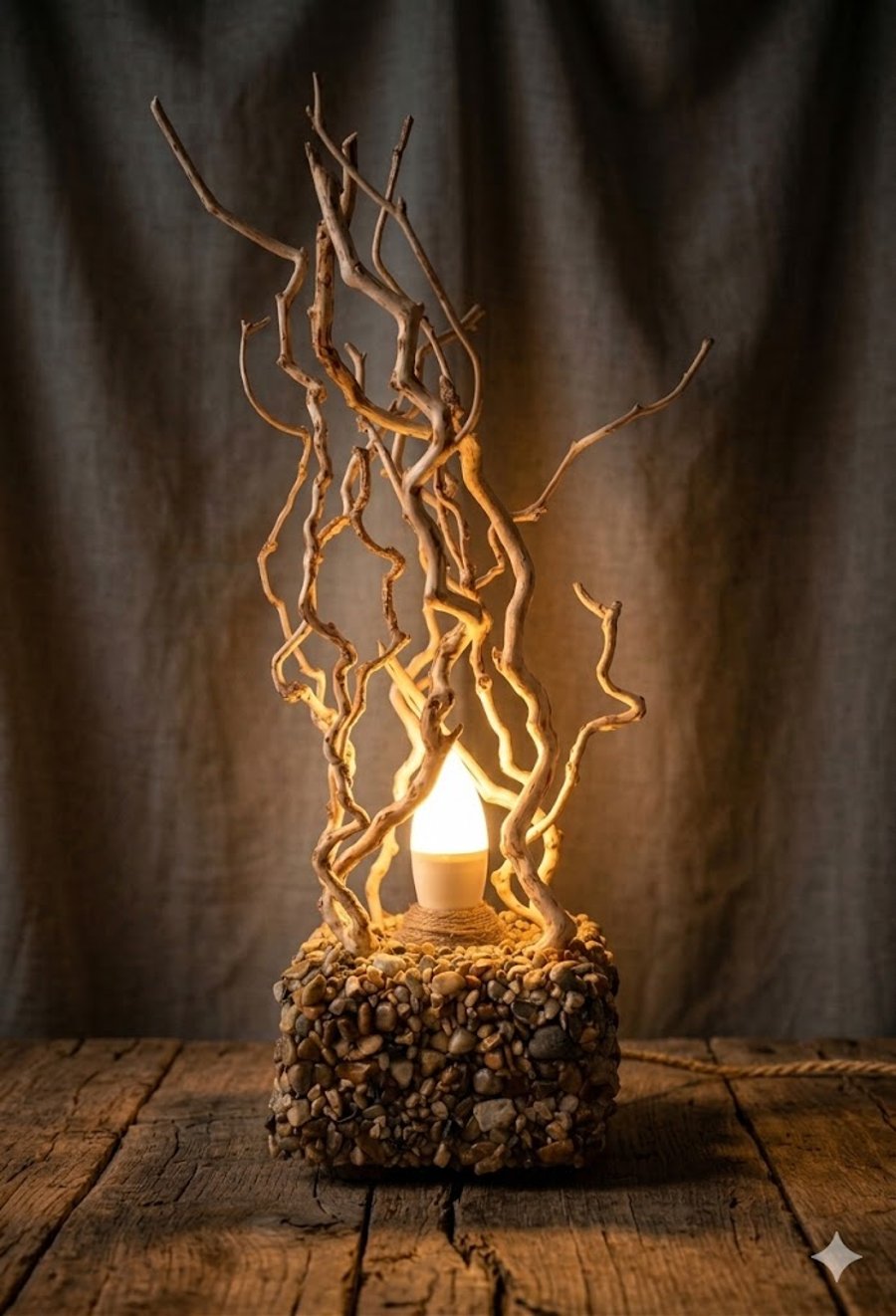 Driftwood Table Lamp with Pebble Stone Base, Handmade Rustic Branch Light