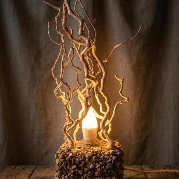 Driftwood Table Lamp with Pebble Stone Base, Handmade Rustic Branch Light