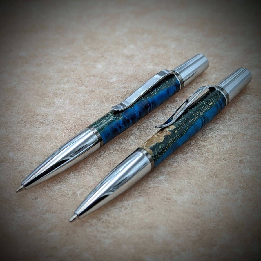 Handmade Ares ballpoint pen and pencil set - dyed blue massur birch