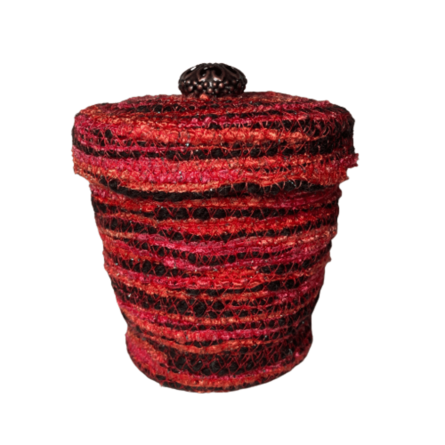 Textile vessel with lid, braided cord in red, silver and black, rope bowl