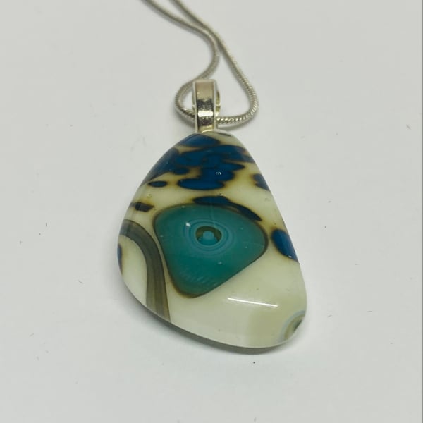 Beautiful Handmade Green, Blue and White Fused Glass Pendant 