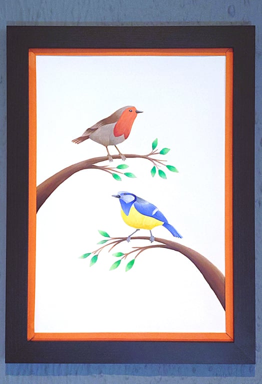 Made in UK Framed A3 Print Colourful Bluetit Red Robin Orange Border Wallart