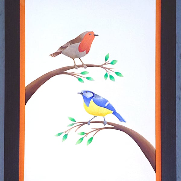 Made in UK Framed A3 Print Colourful Bluetit Red Robin Orange Border Wallart