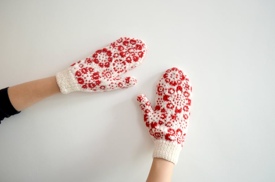 White Wool Mittens Floral Red Flowers Snowflake Winter Christmas