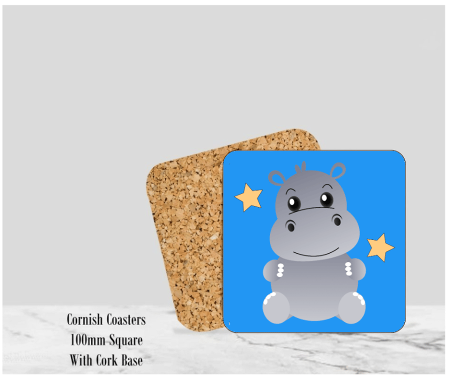 Blue Happy Hippo Coaster 4" Square With Cork Base