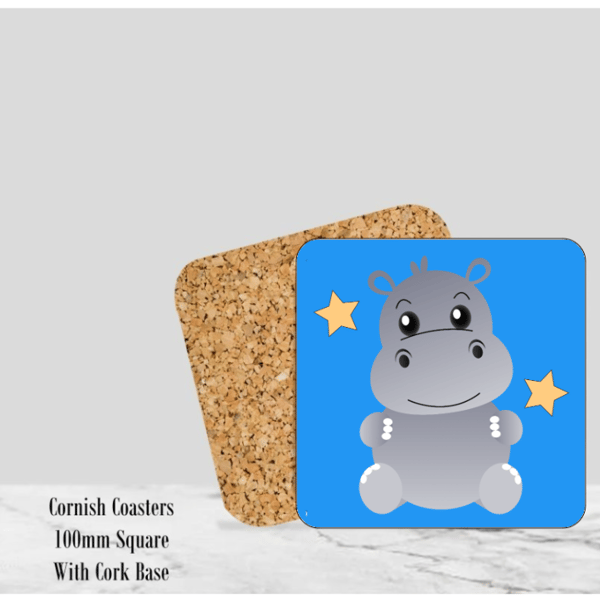 Blue Happy Hippo Coaster 4" Square With Cork Base