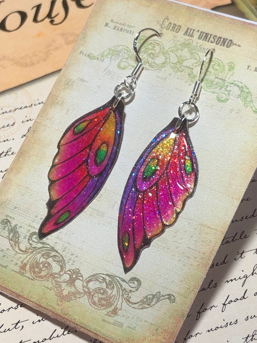 Purple Pink Orange and Yellow Fairy wing Earrings Sterling Silver Hooks