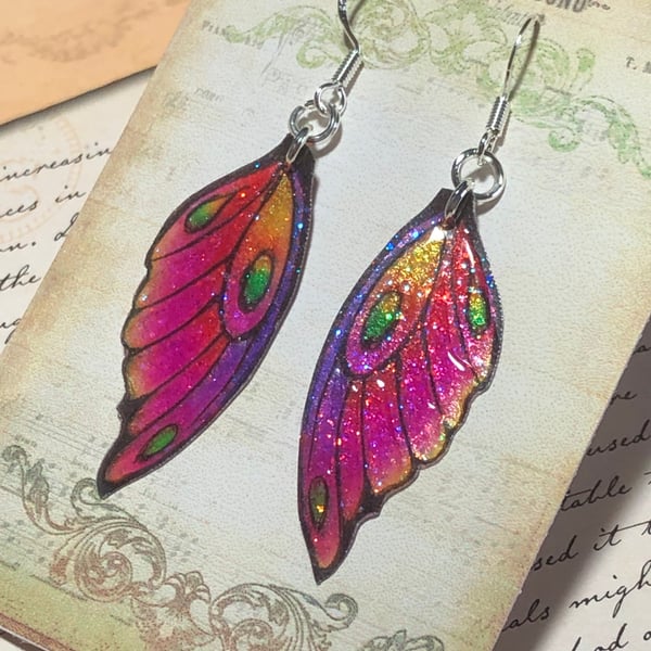 Purple Pink Orange and Yellow Fairy wing Earrings Sterling Silver Hooks