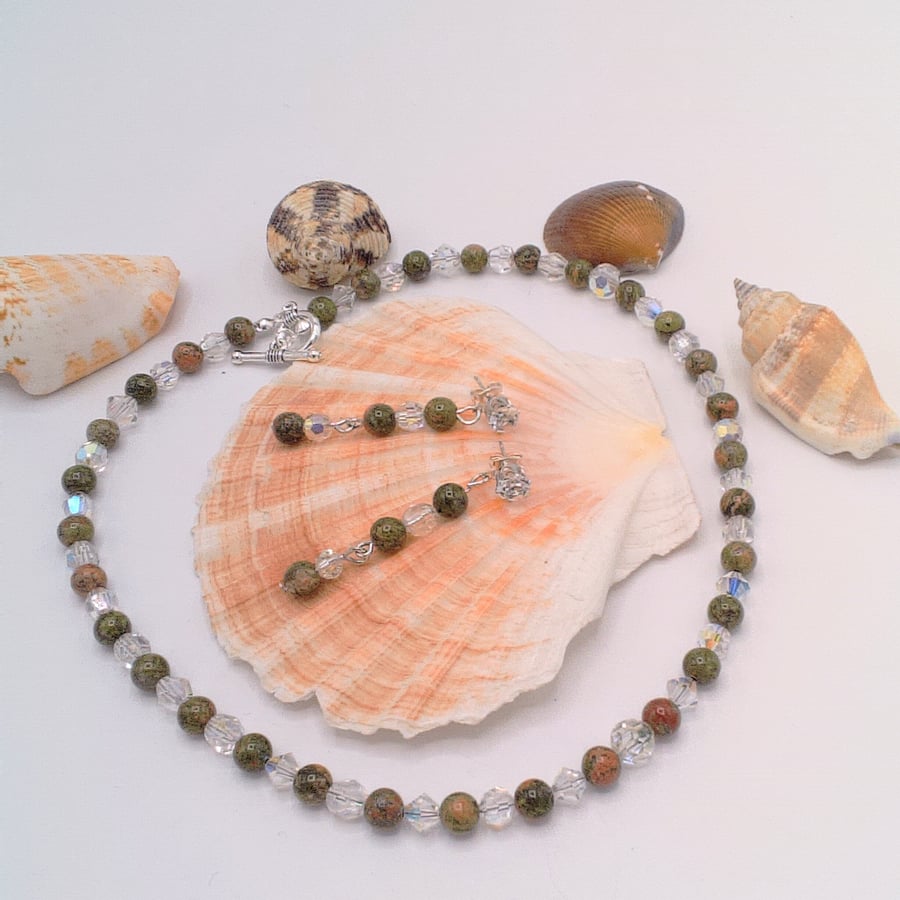 Unakite & Vintage Acrylic Bead Necklace & Earrings, Gift for Her, Mother's Day