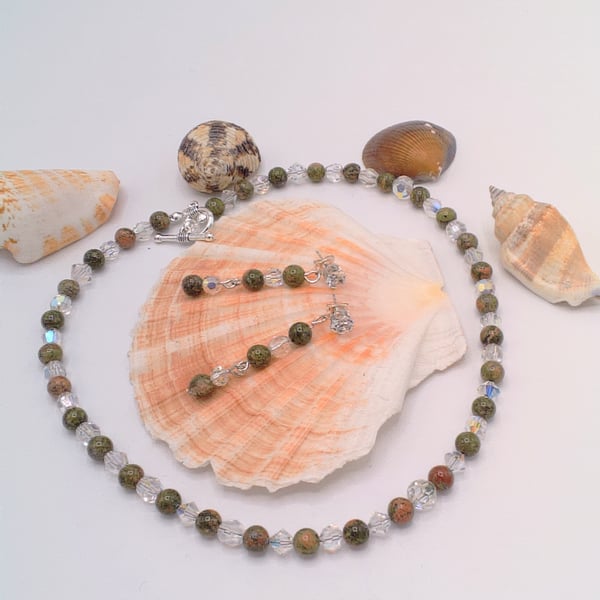Unakite & Vintage Acrylic Bead Necklace & Earrings, Gift for Her, Mother's Day