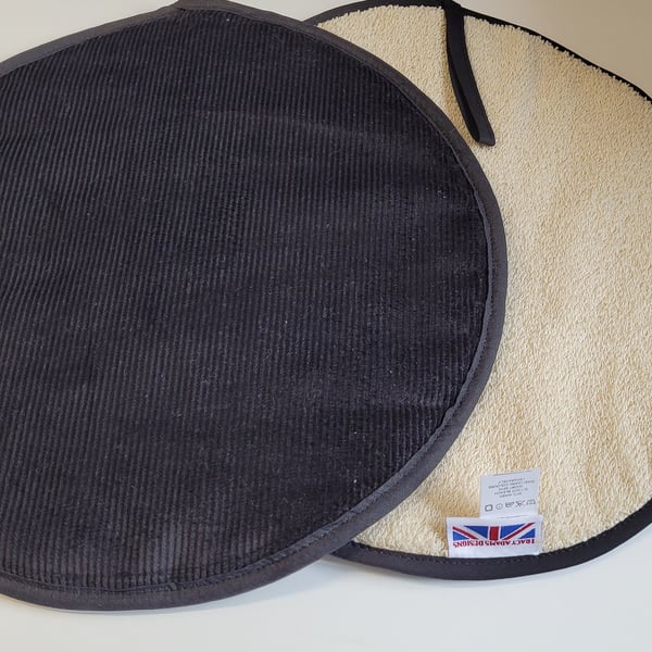 Black corduroy aga pads hob covers. . Made in England