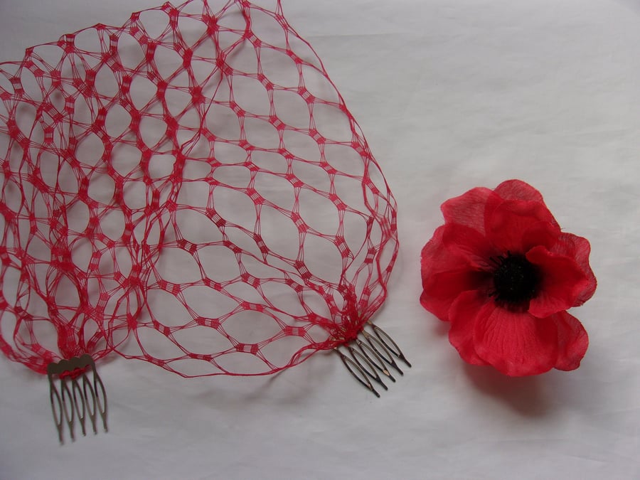 Scarlet Red Vintage Waffle Weave 1940's - 1950's Style Birdcage Veil