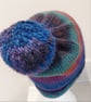 Handknit Bobble Hat 100% wool Blue Green Rust MED - Image 2