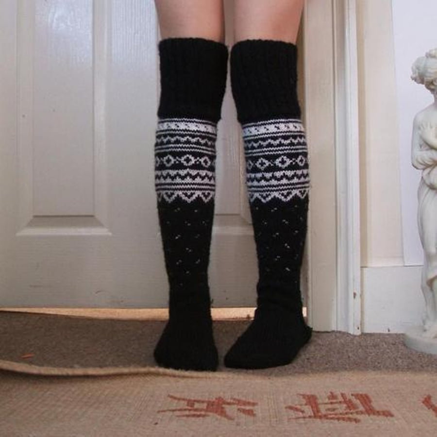 Long Over the Knee Black white socks handmade scandinavian norwegian christmas
