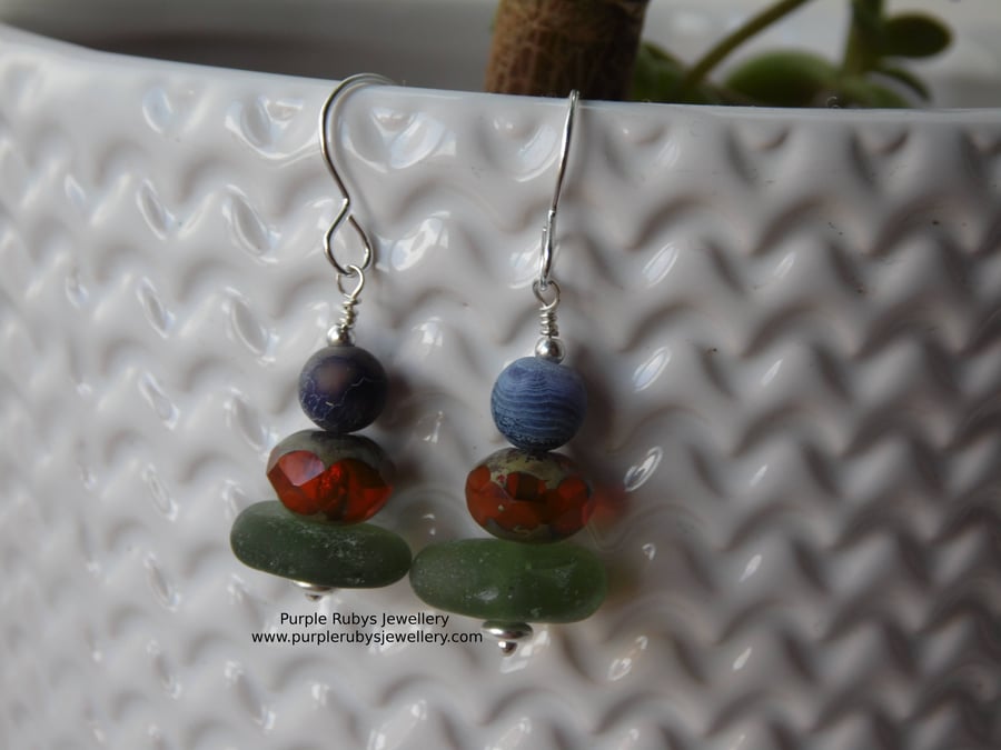 Earthy Orange, Marbled Purple & Olive Cornish Sea Glass Earrings E617