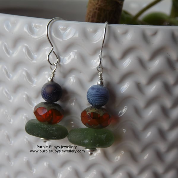 Earthy Orange, Marbled Purple & Olive Cornish Sea Glass Earrings E617